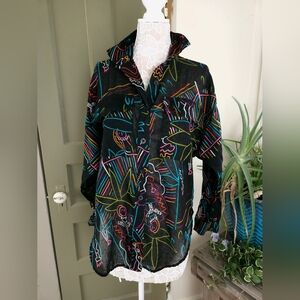 Carol Little St. Tropez Wear 80s Neon Semi Sheer Blouse Women's M